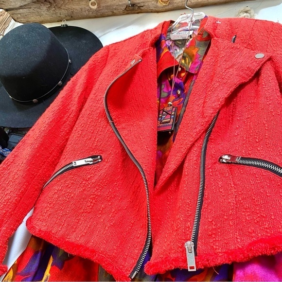 Trendy RED moto style tweed boho blazer jacket w raw edges - Picture 2 of 16